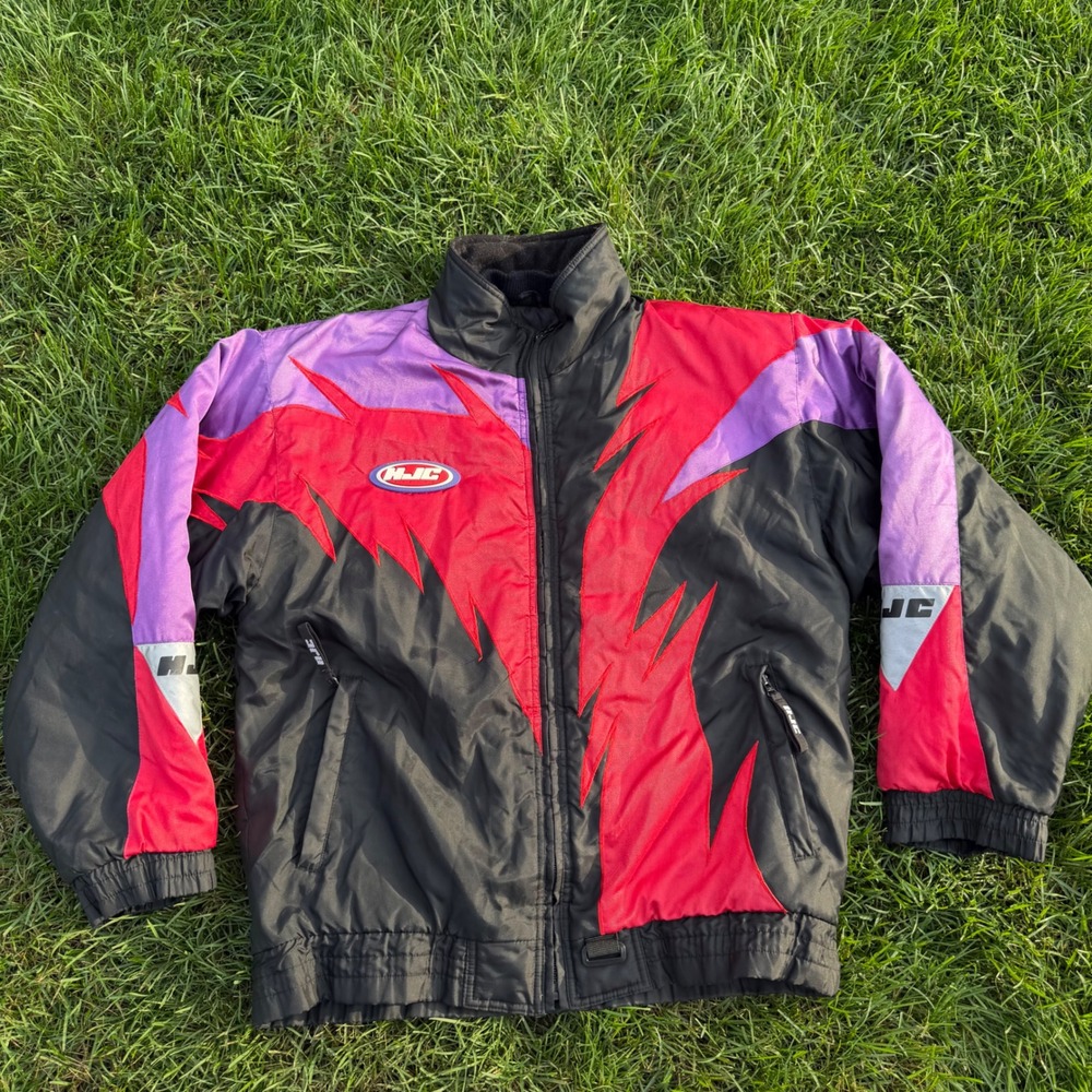A+ Vtg Vintage HJC Racing Jacket Black Red Purple 90s Motocross Bomber Mens XL